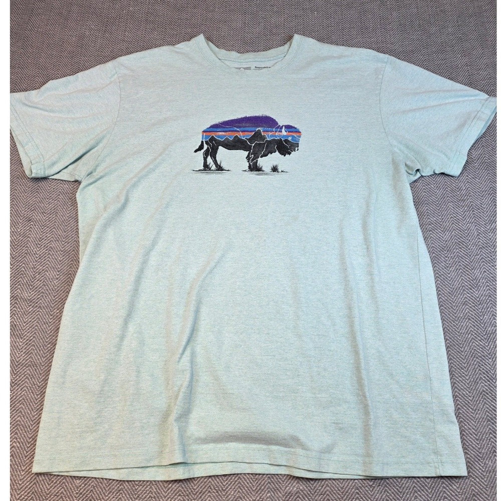 Patagonia Responsibili-Tee Mens XL Light Blue Buffalo Bison Graphic T-Shirt